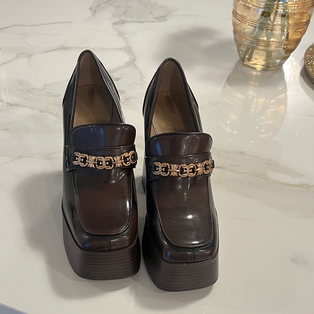 Sam Edelman Brown Platform Loafers with Gold Chain Detail